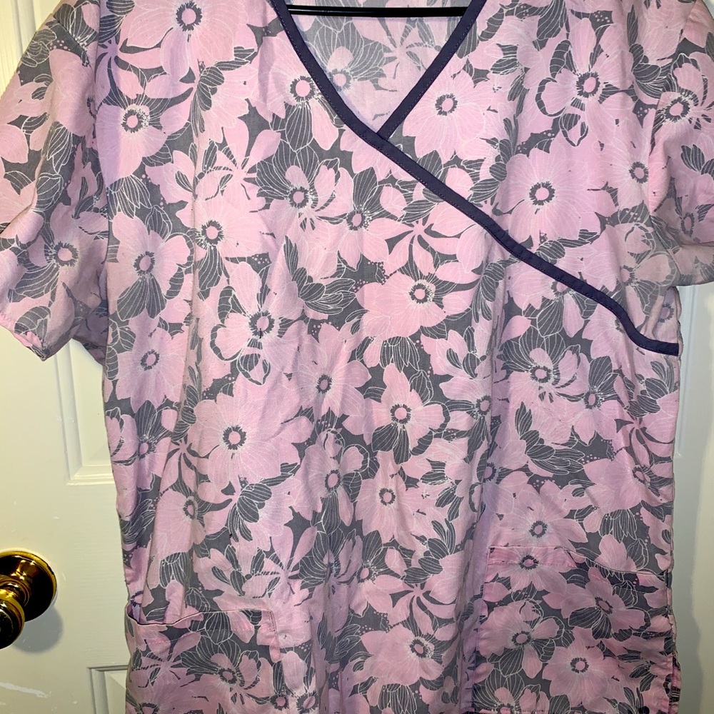 Pink and Grey Flower Scrub Top